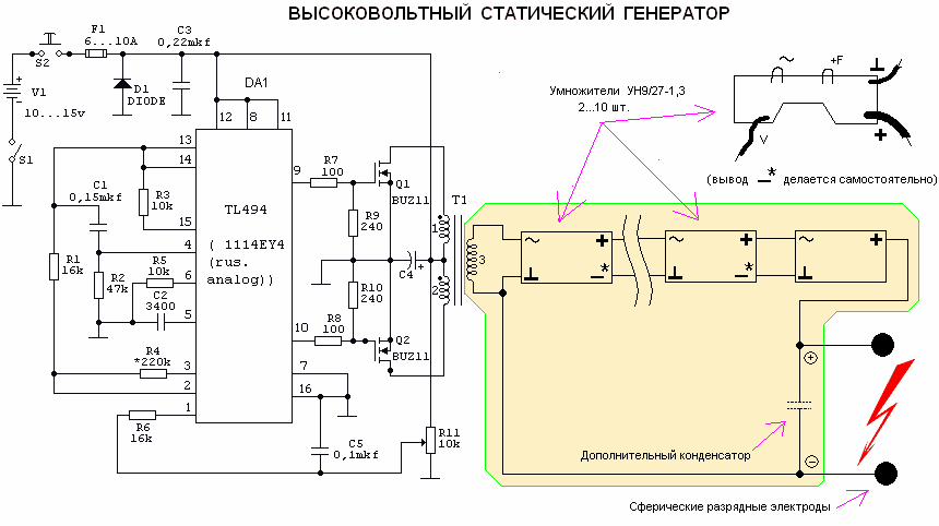 Схема генератора высокого напряжения на тдкс