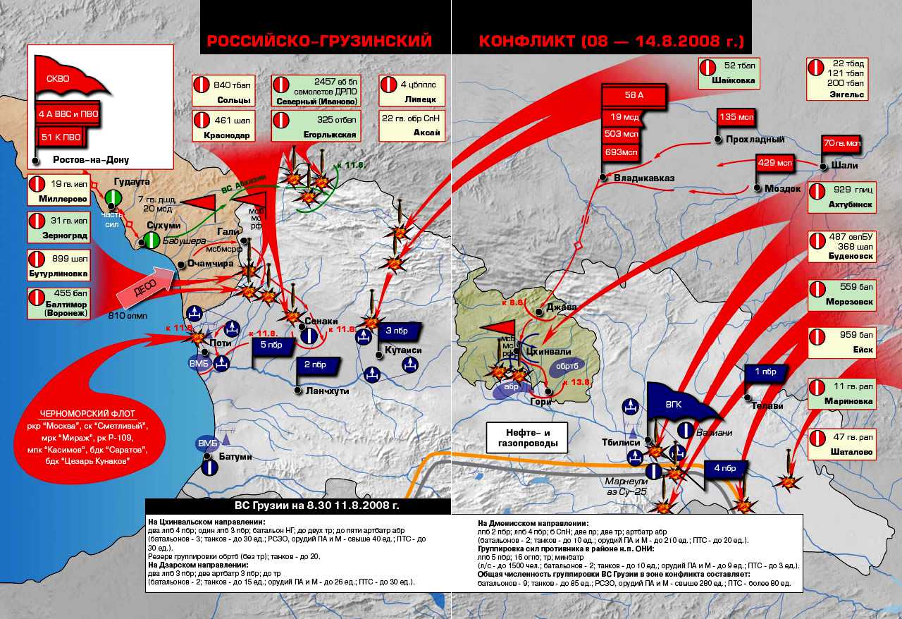 Схема продвижение российских войск. Карта боевых действий в Грузии 2008.