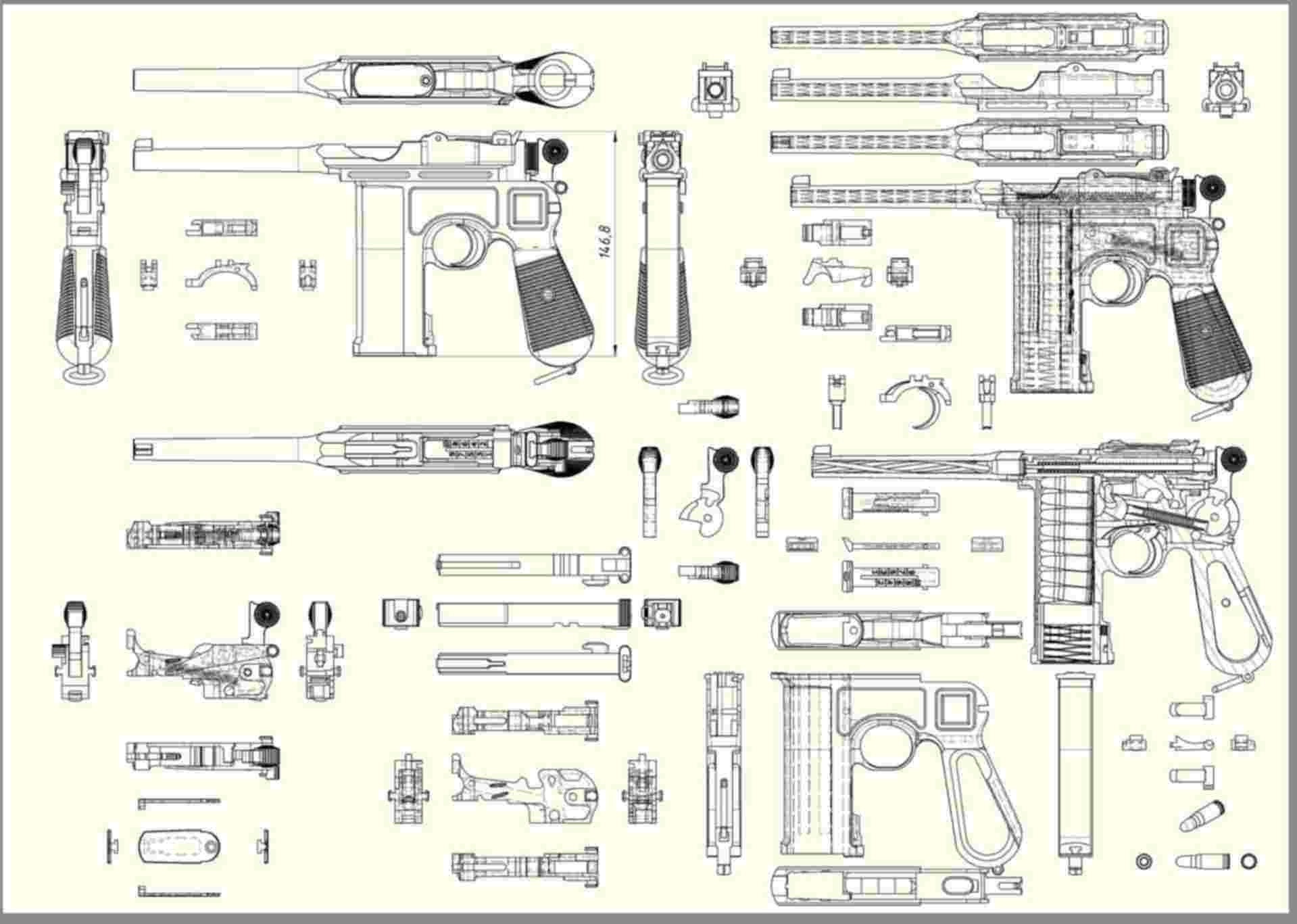 Чертежи оружия. Маузер с96 чертежи. Пистолет-пулемёт Беретта м12 чертежи. ПП Беретта м12 чертеж. Mauser c96 чертежи.