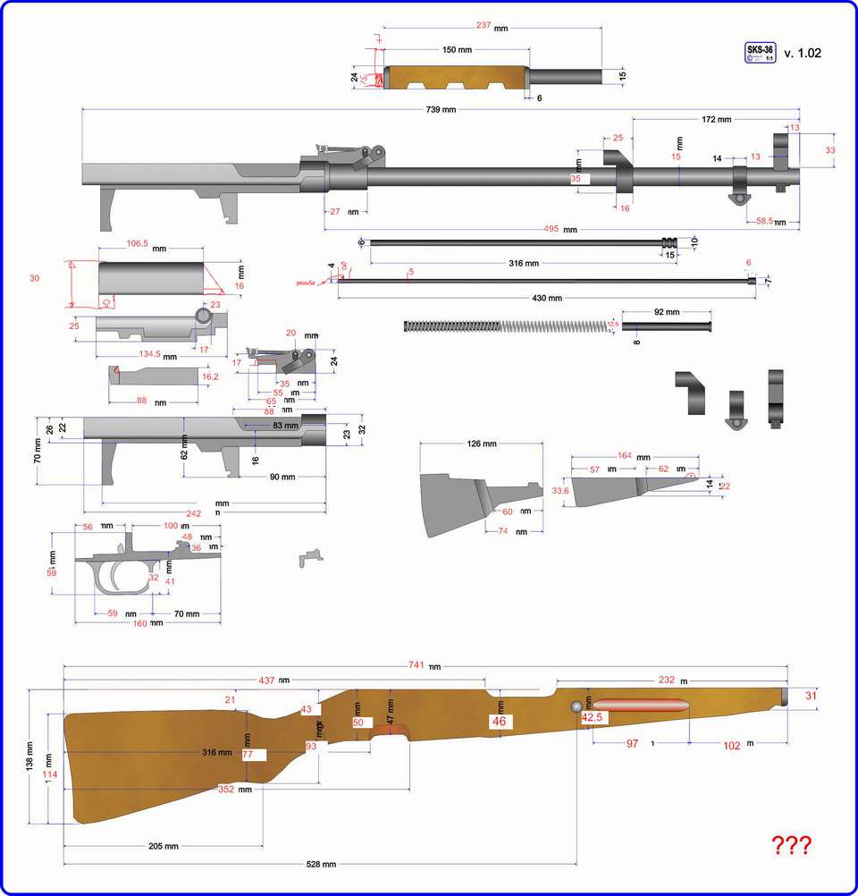 Чертеж винтовки мосина с размерами по частям