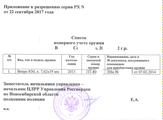 Образец заполнения описи оружия и патронов находящихся в кхо