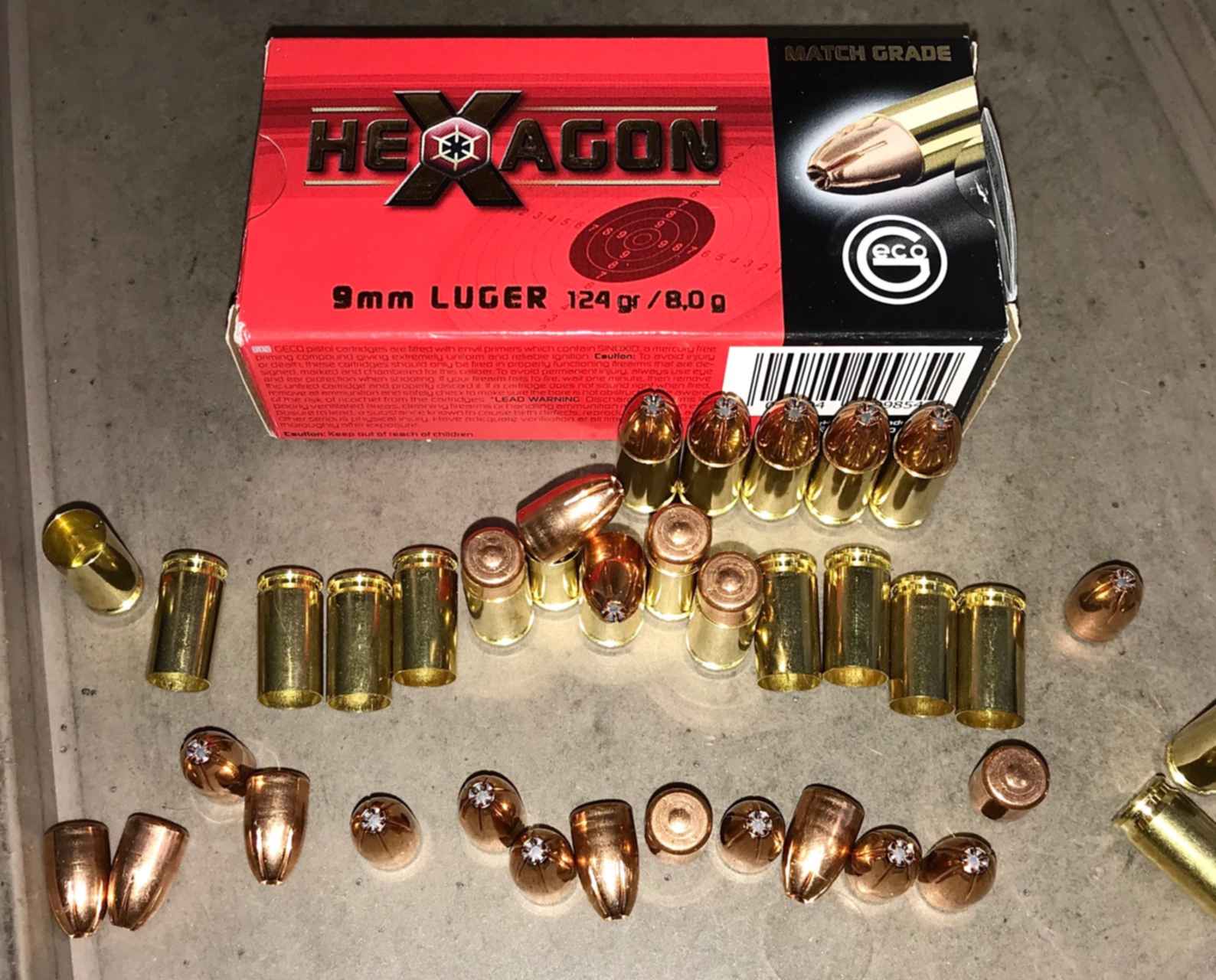 HEXAGON 9mm Luger (.355") 124gr/8,0г немецкой фирмы Geco. 
