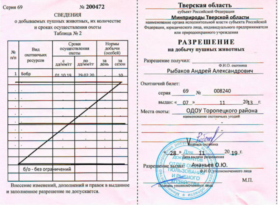 Образец заполнения разрешения на добычу птиц